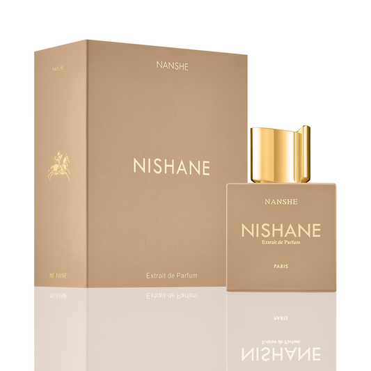 Nanshe Extrait de Parfum by Nishane bottle with box on a plain background