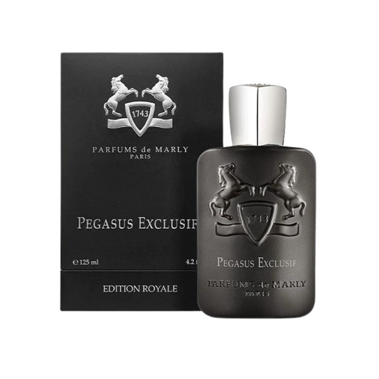 Bottle of Pegasus Exclusif Parfum shown next to its packaging
