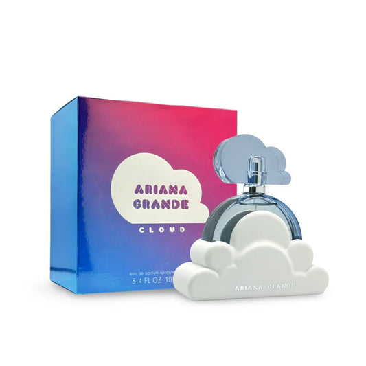Bottle of Ariana Grande Cloud Eau de Parfum shown next to its packaging