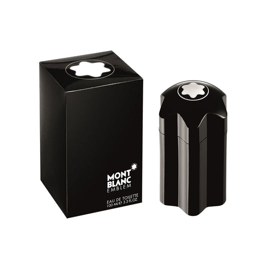 Emblem Mont Blanc bottle photographed beside its box