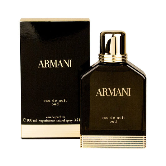 Bottle of Giorgio Armani Armani Eau de Nuit Oud shown next to its packaging
