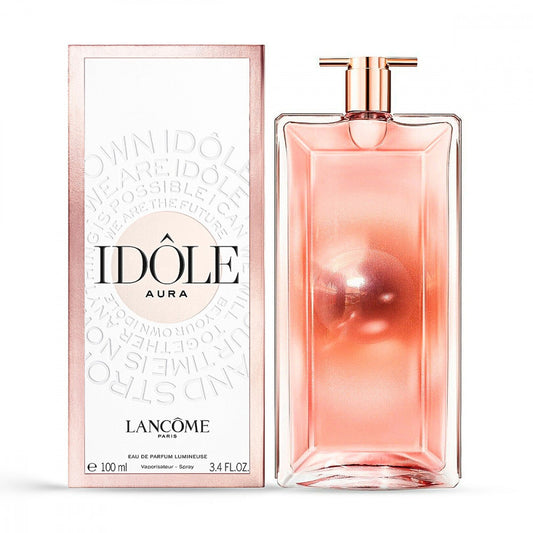 Lancôme Idôle Aura bottle with box on a plain background