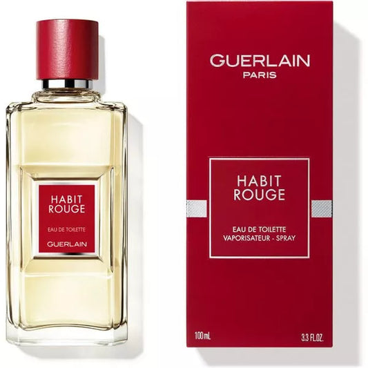 Guerlain Habit Rouge bottle photographed beside its box