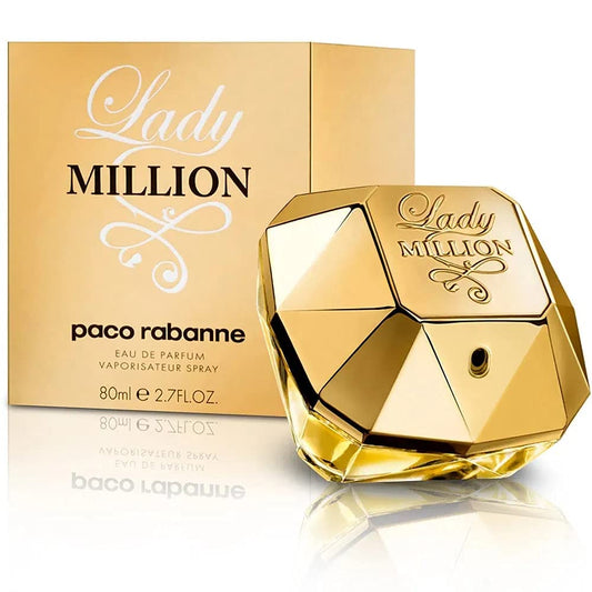 Bottle of Lady Million shown next to its packaging