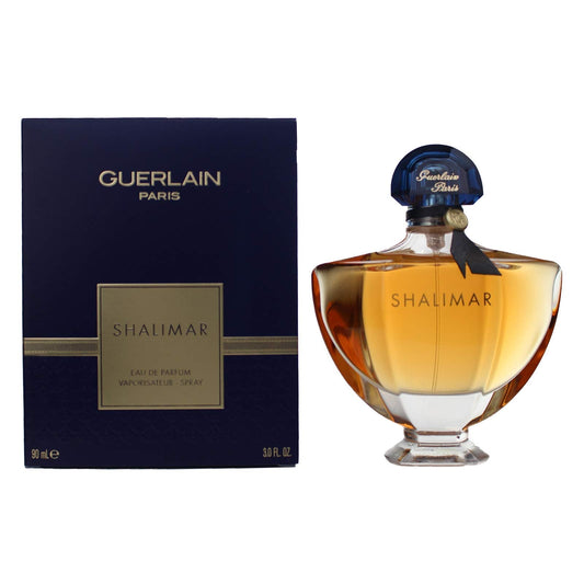 Bottle of Guerlain Shalimar Eau de Parfum shown next to its packaging