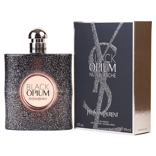 Bottle of Black Opium Nuit Blanche shown next to its packaging