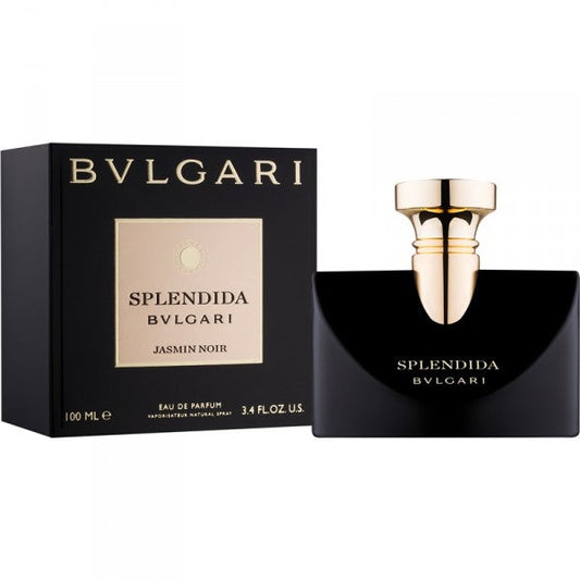 Bvlgari Splendida Jasmin Noir bottle with box on a plain background
