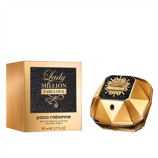 Bottle of Lady Million Fabulous shown next to its packaging