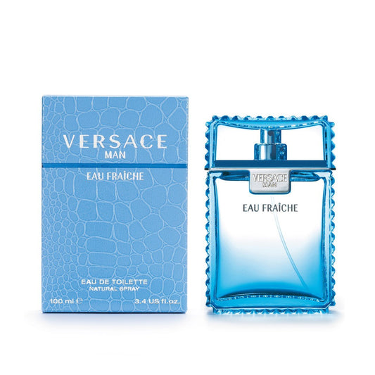 Versace Man Eau Fraiche Eau de Cologne bottle photographed beside its box