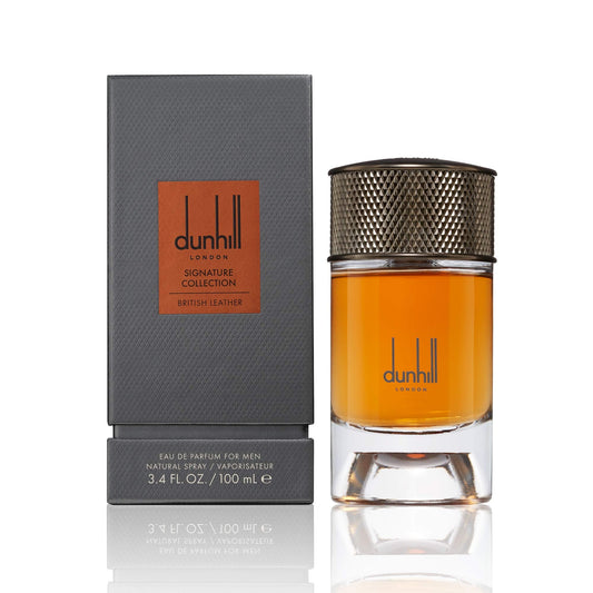 Bottle of Dunhill British Leather shown next to its packaging