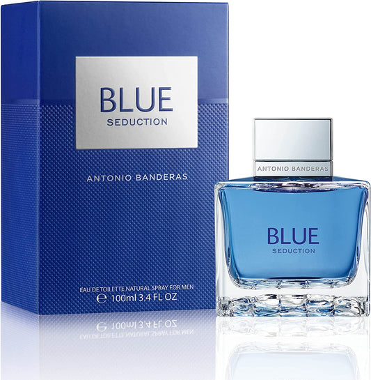 Antonio Banderas Blue Seduction bottle with box on a plain background