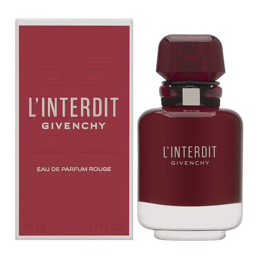 Bottle of Givenchy L'Interdit Eau de Parfum Rouge shown next to its packaging