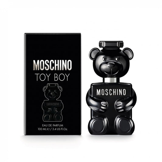 Bottle of Moschino Toy Boy shown next to its packaging