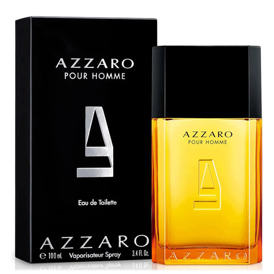 Bottle of Azzaro Pour Homme Eau de Toilette shown next to its packaging