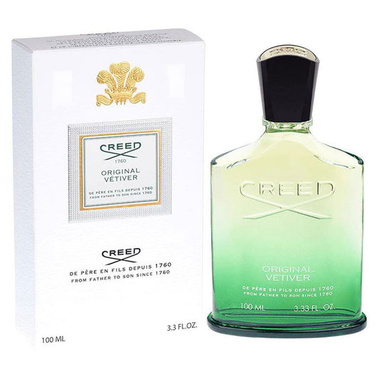 Creed Original Vetiver bottle with box on a plain background