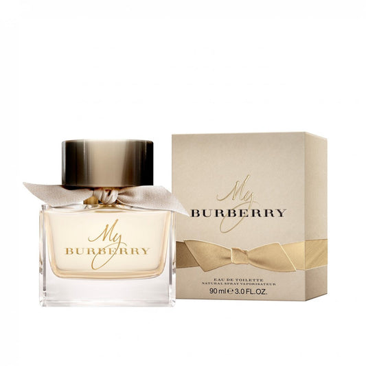 My Burberry Eau de Toilette bottle with box on a plain background