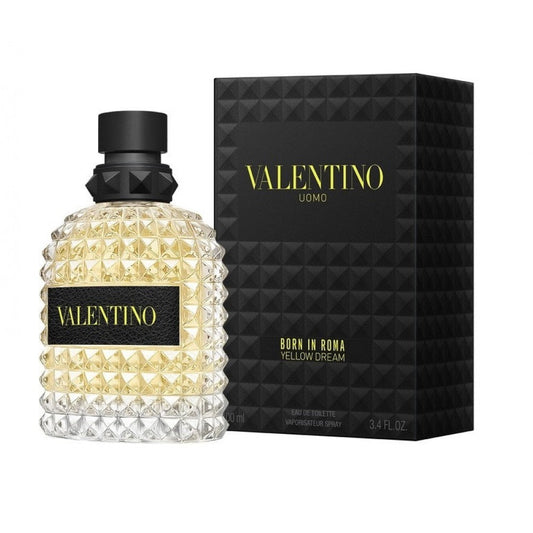 Valentino Uomo Born In Roma Yellow Dream Eau De Toilette bottle photographed beside its box