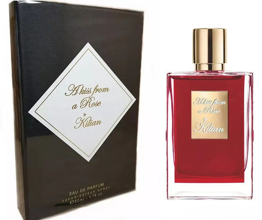 Bottle of Kilian A Kiss from a Rose shown next to its packaging