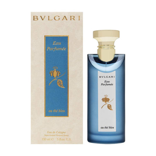 Bvlgari Eau Parfumée au Thé Bleu bottle with box on a plain background