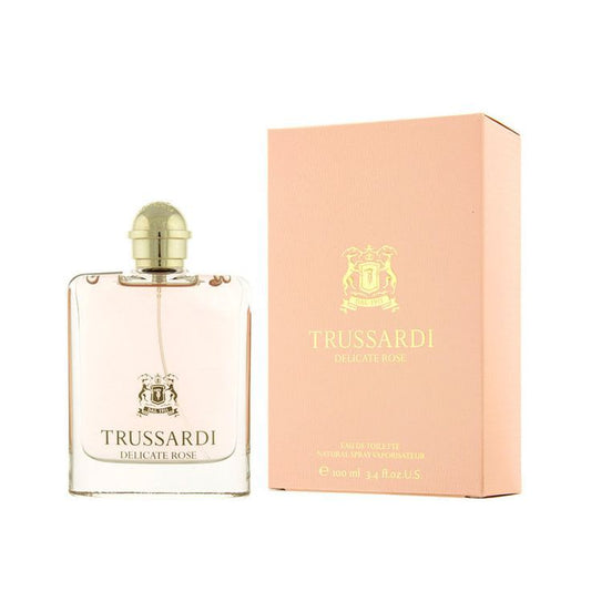 Bottle of Trussardi Delicate Rose shown next to its packaging