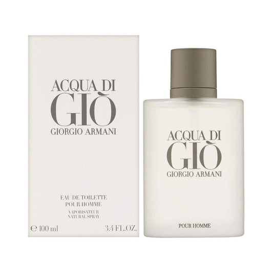 Bottle of Giorgio Armani Acqua di Gio Eau de Toilette shown next to its packaging