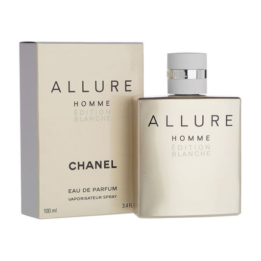 Chanel Allure Homme Edition Blanche Eau de Parfum bottle photographed beside its box
