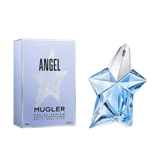 Angel Eau de parfum bottle photographed beside its box