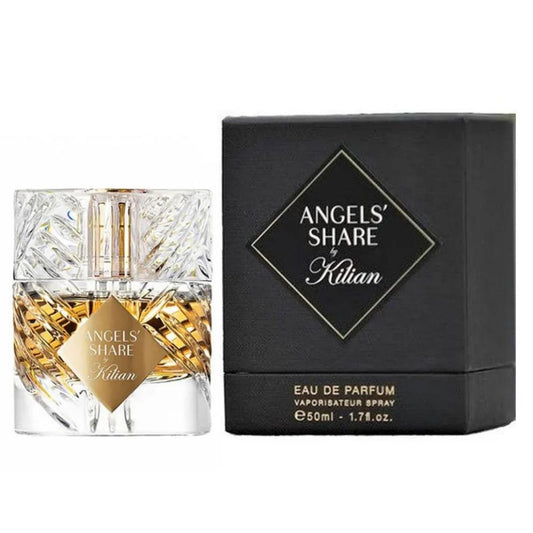 Bottle of Kilian Angel's Share Eau de Parfum shown next to its packaging