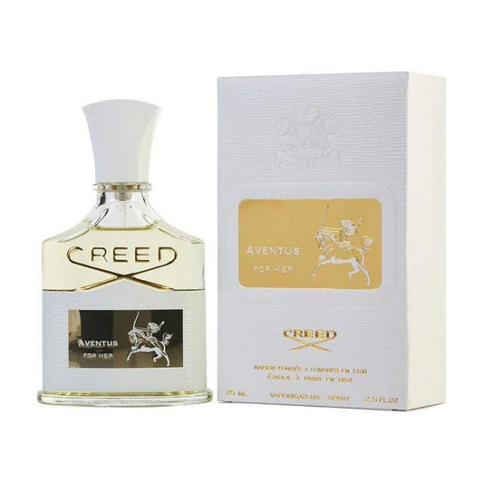 Bottle of Creed Aventus For Her shown next to its packaging