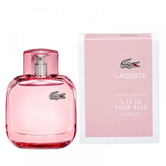 Bottle of Lacoste L.12.12 Pour Elle Sparkling Eau de Toilette shown next to its packaging