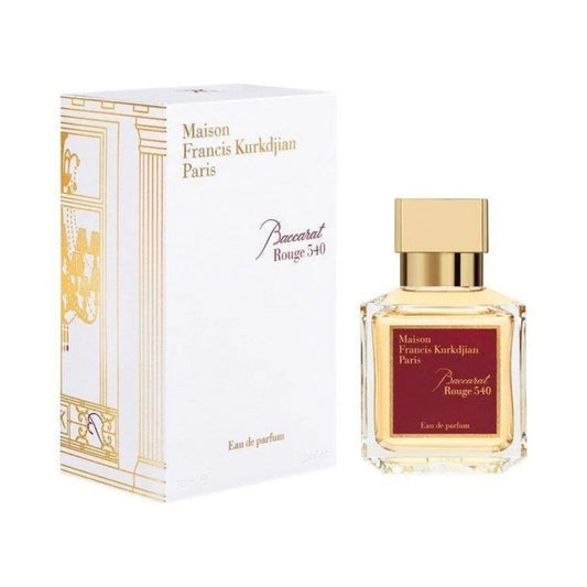 Bottle of Baccarat Rouge Eau de Parfum shown next to its packaging