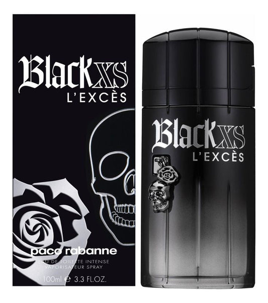 Bottle of Black XS L'Excés shown next to its packaging