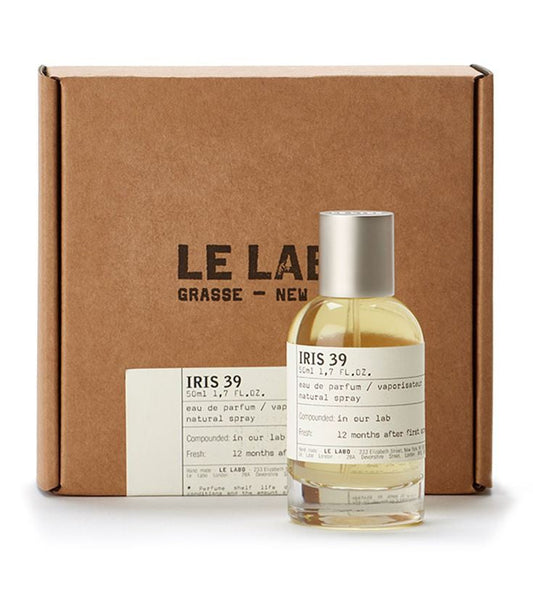 Le Labo Iris 39 bottle photographed beside its box