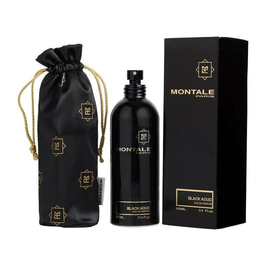 Bottle of Black Aoud Eau de Parfum shown next to its packaging