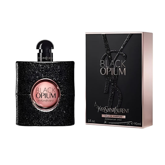 Black Opium Eau de Parfum bottle photographed beside its box
