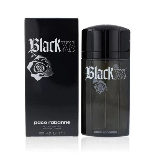 Black XS Eau de toilette bottle with box on a plain background
