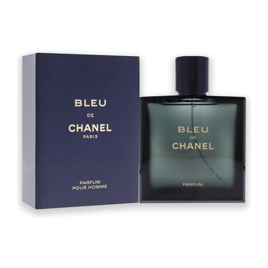 Bottle of Bleu de Chanel Parfum shown next to its packaging