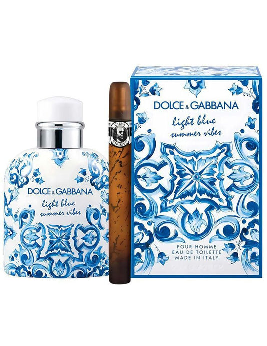 Dolce & Gabbana Light Blue Summer Vibes Pour Homme bottle with box on a plain background