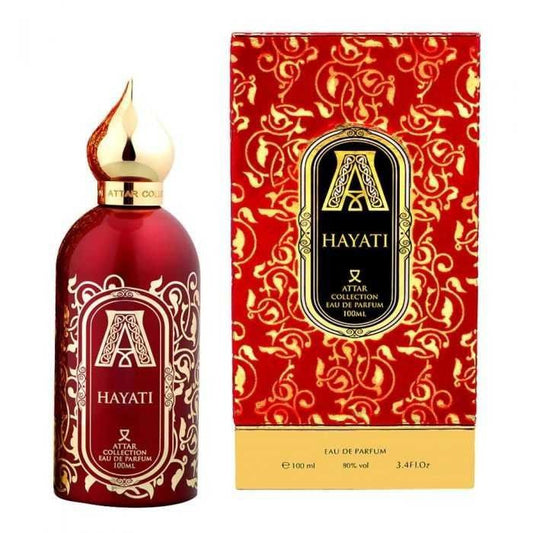 Bottle of Attar Collection Hayati shown next to its packaging