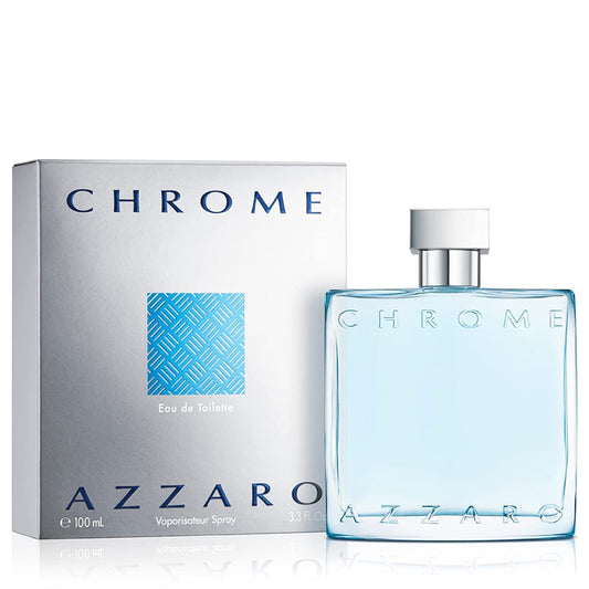 Bottle of Azzaro Chrome Eau de Toilette shown next to its packaging
