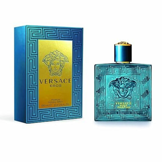 Eros Eau de Parfum bottle with box on a plain background