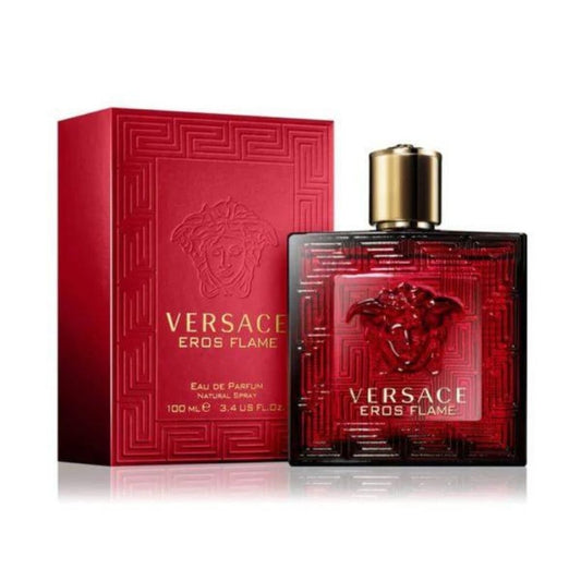 Eros Flame Eau de parfum bottle with box on a plain background