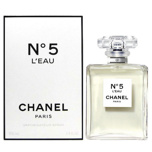 Chanel N°5 L'Eau bottle with box on a plain background