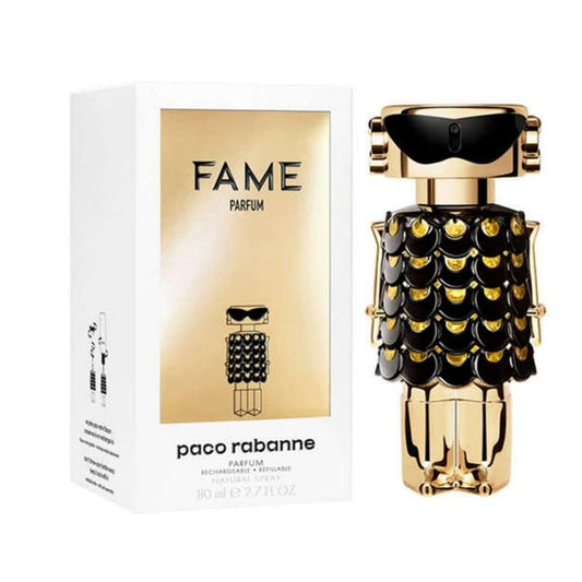 Fame Parfum bottle photographed beside its box