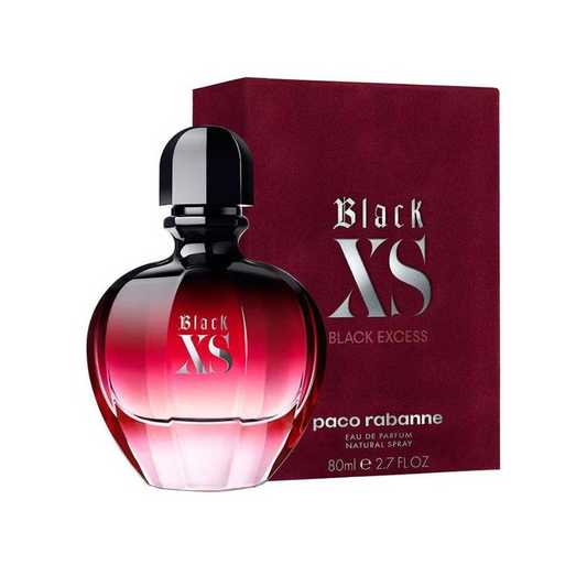Bottle of Black XS For Her shown next to its packaging