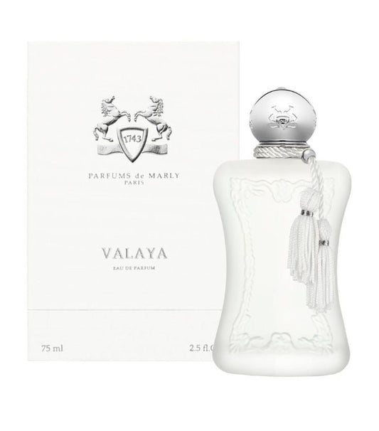 Bottle of Valaya by Parfums de Marly shown next to its packaging