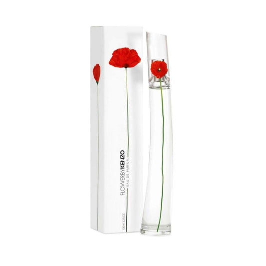 Kenzo Flower Eau de Toilette bottle with box on a plain background