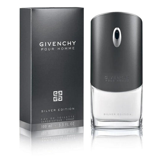 Bottle of Givenchy Pour Homme Silver Edition shown next to its packaging