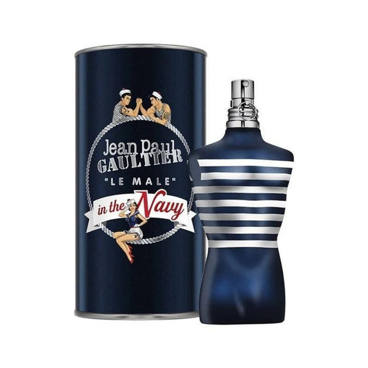 Jean Paul Gaultier Le Male In The Navy bottle photographed beside its box