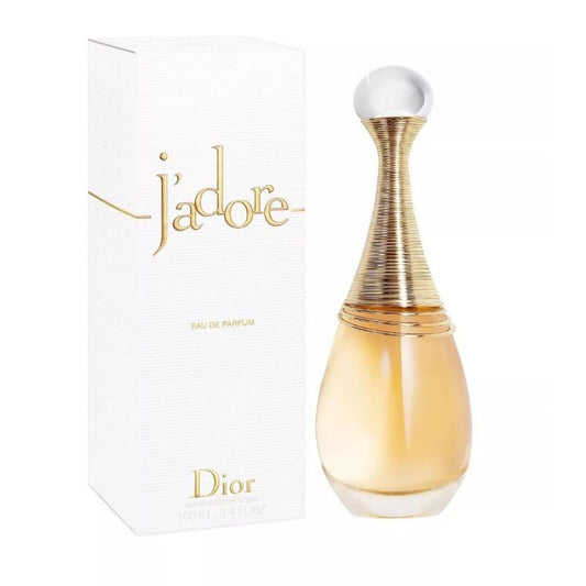 Bottle of J'adore Eau de Parfum shown next to its packaging